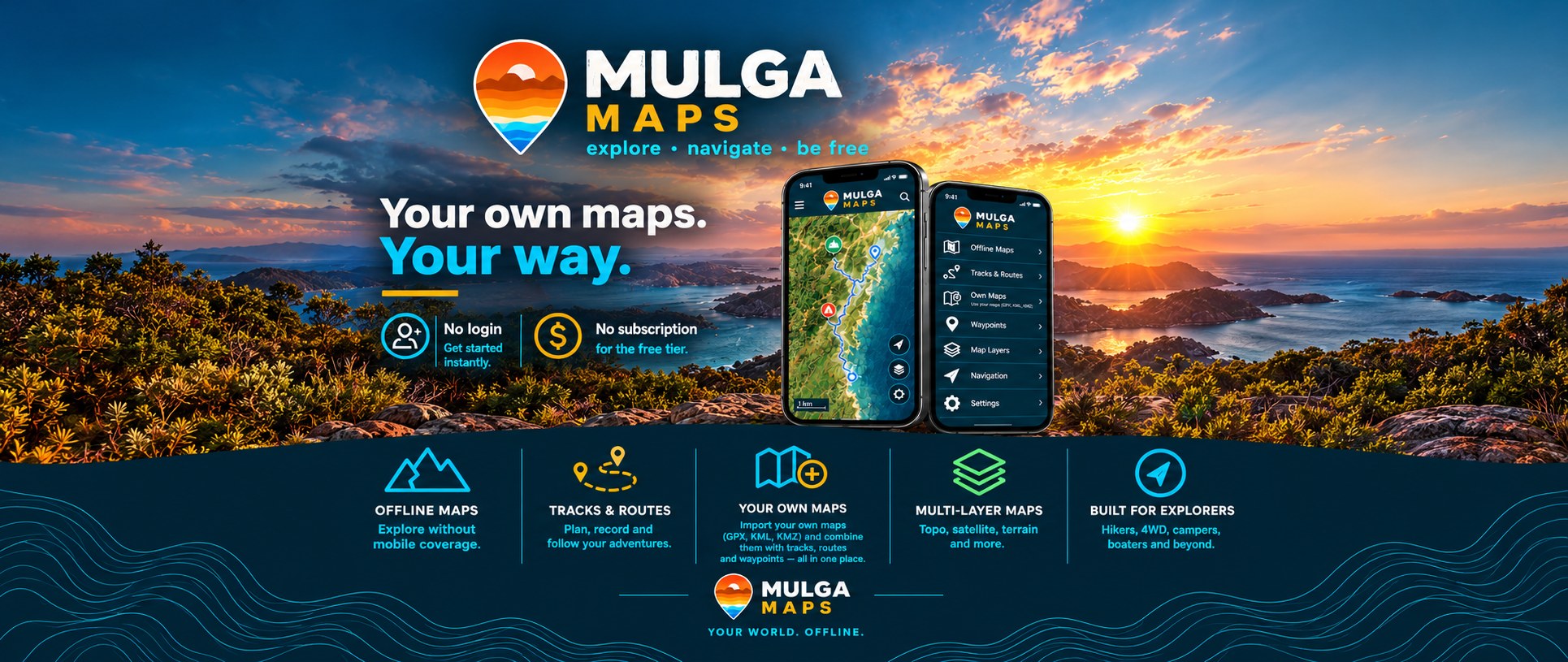Mulga Maps: explore, navigate, be free. Your own maps, your way. No login, and no subscription for the free tier. Offline maps, tracks and routes, your own maps, multi-layer maps, built for explorers.